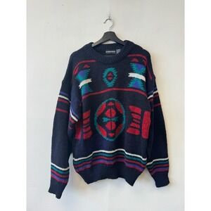 Vintage Expressions International Sweater Mens Large Blue Aztec Chunky Knit 80s